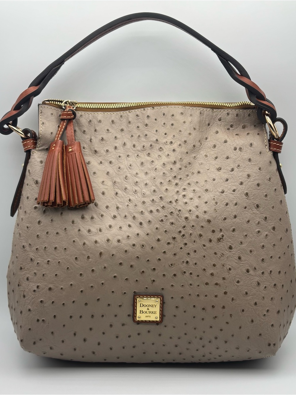 Dooney & Bourke Twist Strap Ostrich Hobo Shoulder Bag Red Interior Tassel Taupe